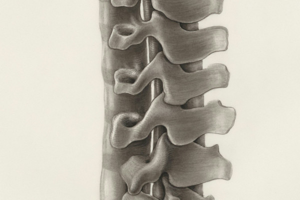 A detailed drawing of the back of a human skeleton, showing the spine and surrounding bones.