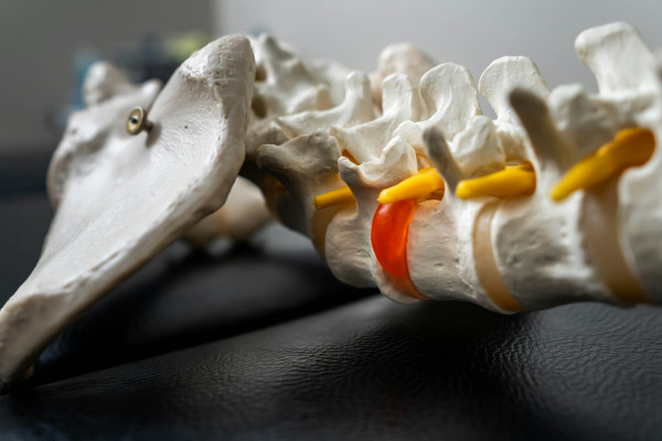A close-up of an anatomical spine model with one disc highlighted in red, shown on a chiropractic adjustment table