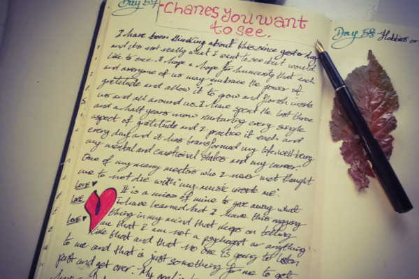 An open handwritten journal with a camera resting on top, evoking quiet self-reflection