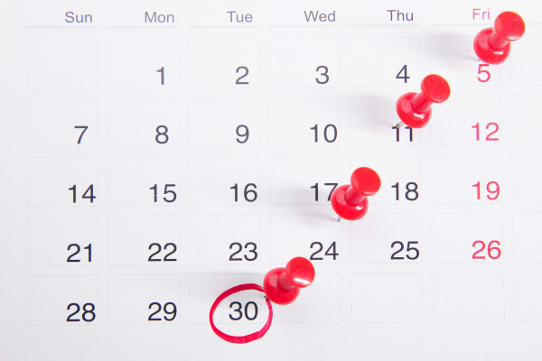 A wall calendar marked with red push pins, representing scheduled appointments and time commitments