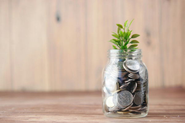 A glass jar filled with coins beside a small growing plant, symbolising long-term investment.