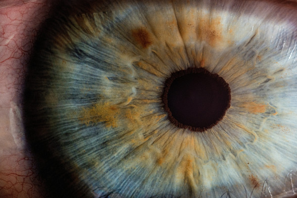 A macro close-up of a human eye, showing detailed texture of the iris.
